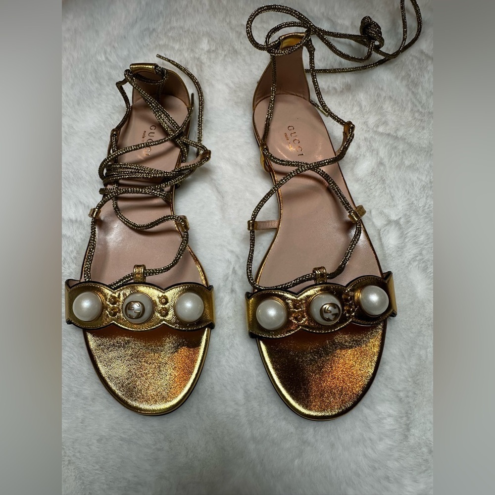 Gucci Metallic Gold Lace-Up Sandals - Picture 5 of 16